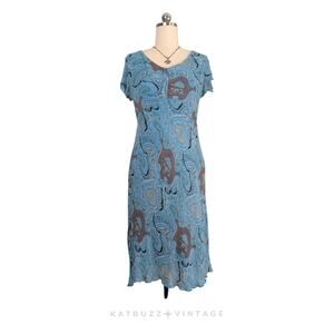 Vintage Paisley Midi Dress L Blue Fairy Grunge 90s Y2K Empire Feminine Turquoise